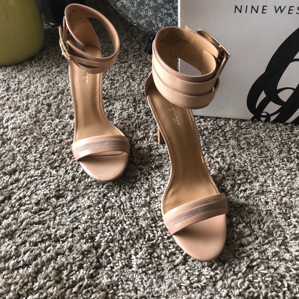 Tan Nine West 4”heel with double ankle wrap size 8